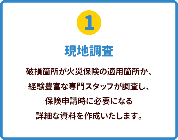 現地調査 破損箇所が火災保険の適用箇所か、経験豊富な専門スタッフが調査し、保険申請時に必要になる詳細な資料を作成いたします。この資料の出来が、認定率を上げる鍵になります。