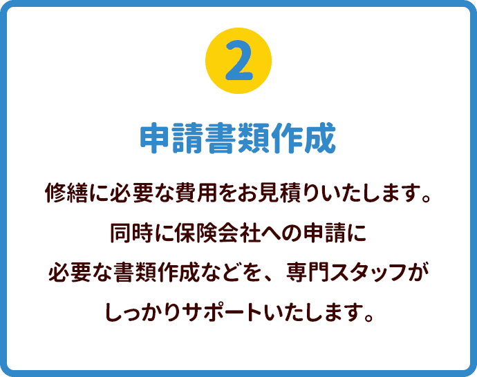 申請書類作成 修繕に必要な費用をお見積りいたします。同時に保険会社への申請に必要な書類作成などを、専門スタッフがしっかりサポートいたします。疑問点など何でもお応えいたしますのでご安心下さい。