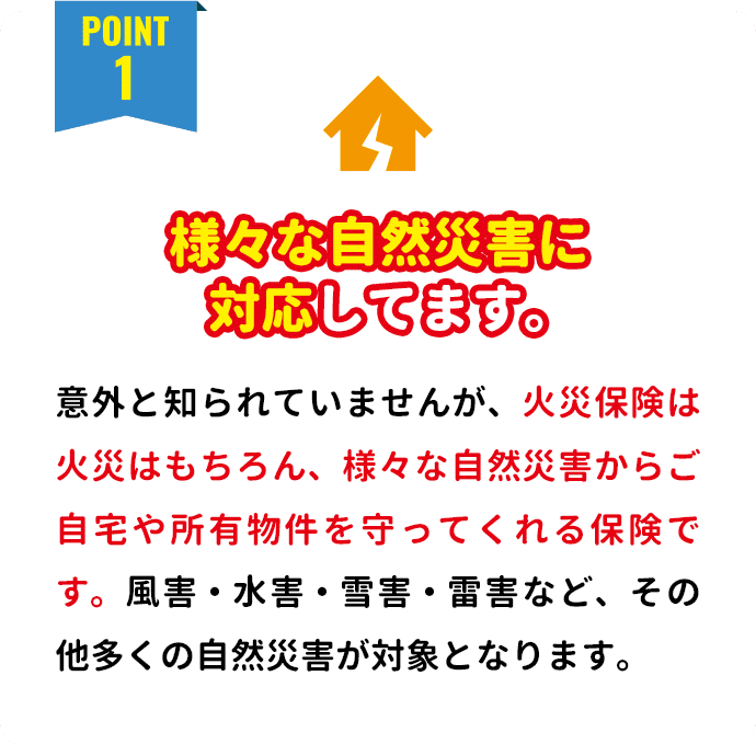 様々な自然災害に対応してます。 意外と知られていませんが、火災保険は火災はもちろん、様々な自然災害からご自宅や所有物件を守ってくれる保険です。風害・水害・雪害・雷害など、その他多くの自然災害が対象となります。